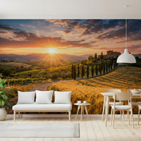 Hallway & Dining room wall mural showing a golden Tuscan path through sunlit wheat field curves