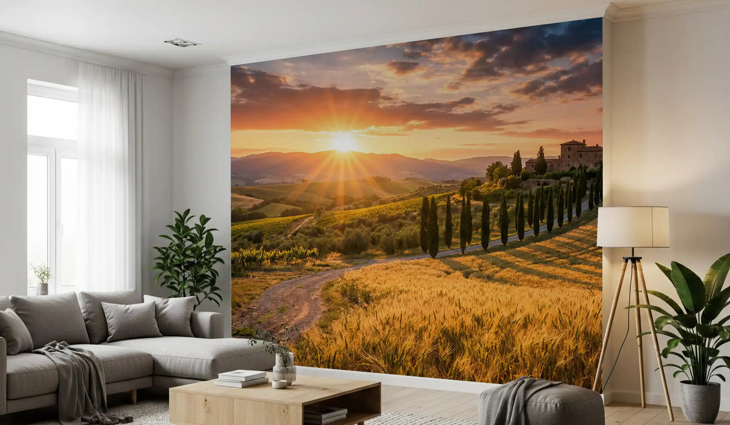 Hallway wall mural framing a Tuscan golden hour villa and harvest road scenery