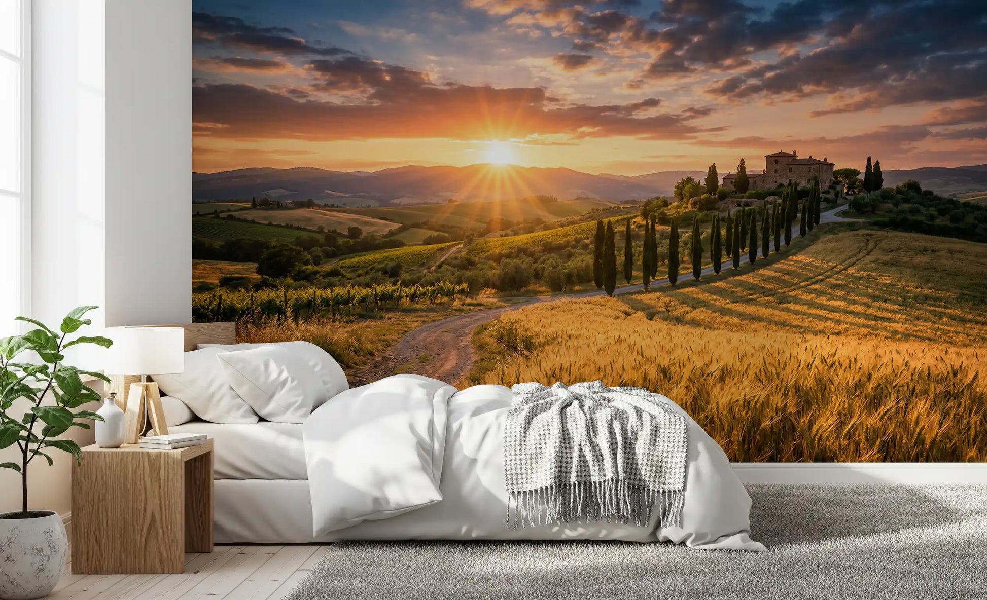 Bedroom wall mural featuring golden Tuscan hills and a sunlit villa path vista glow