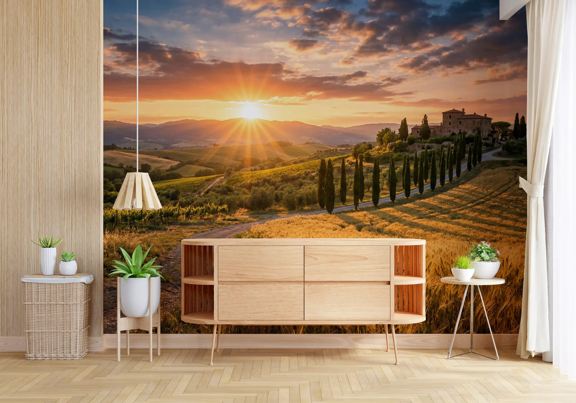 Lounge area wall mural featuring sunlit Tuscan grain and cypress shadow rhythms view