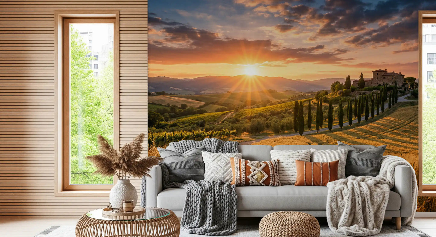 Entryway wall mural with Tuscan sunset fields and cypress-lined villa drive view