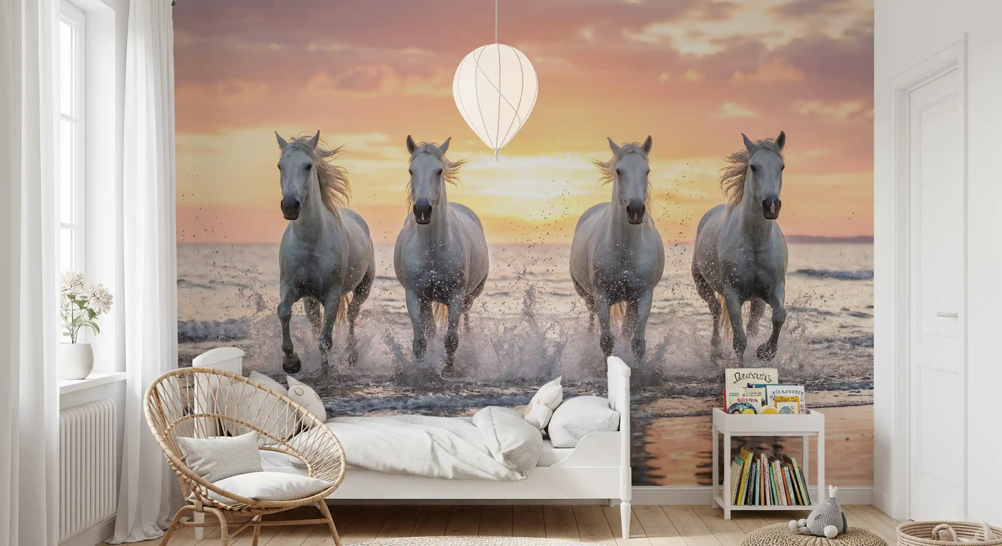 Bedroom wall mural showing coastal horse sunset and rushing shoreline spray detail