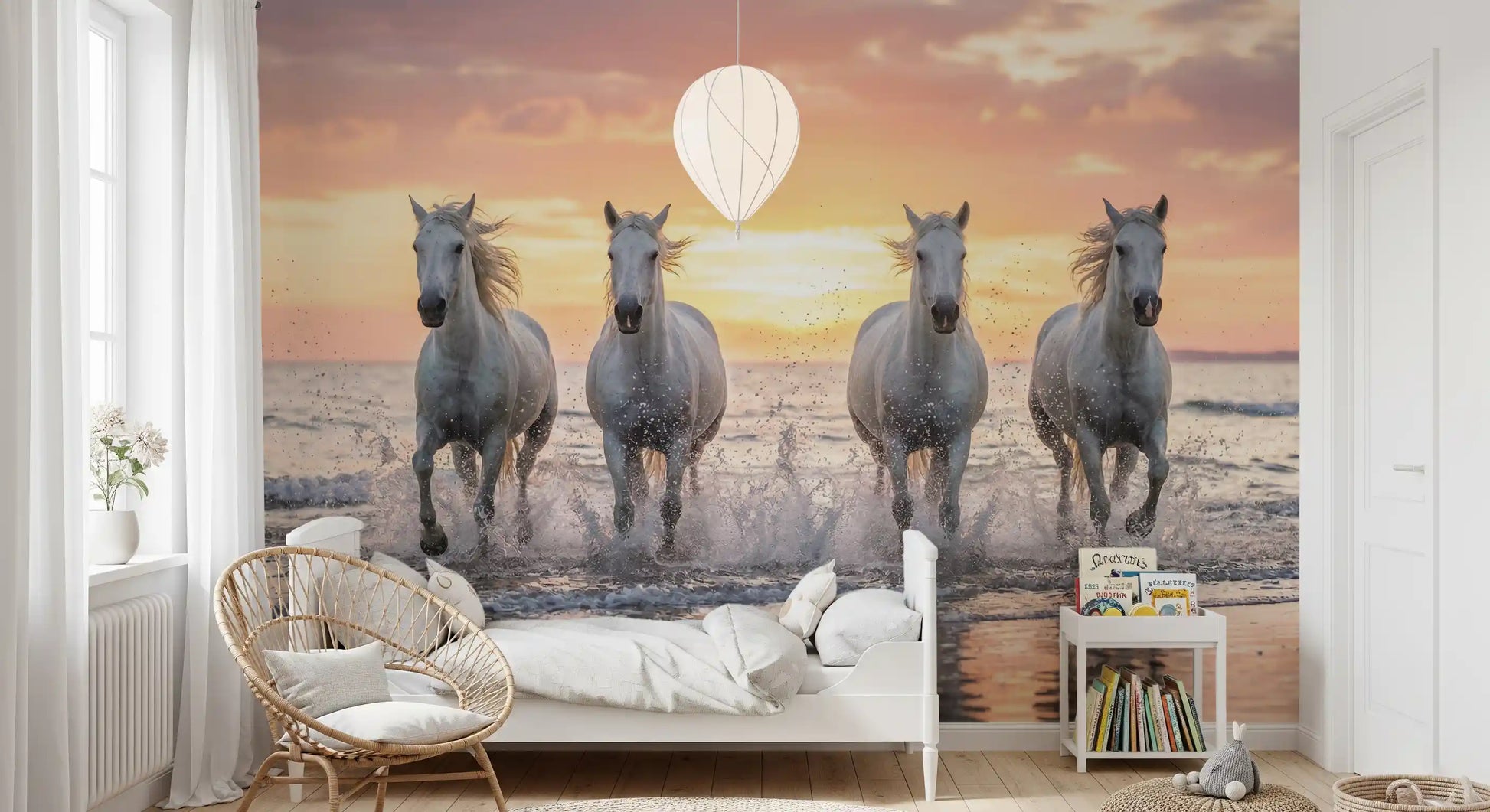 Bedroom wall mural showing coastal horse sunset and rushing shoreline spray detail