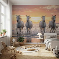 Toy room wall mural showing golden shore horses and splashing sunset tide motion