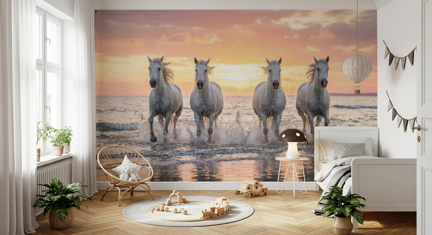 Kids bedroom wall mural capturing coastal horse movement and golden beach surf glow