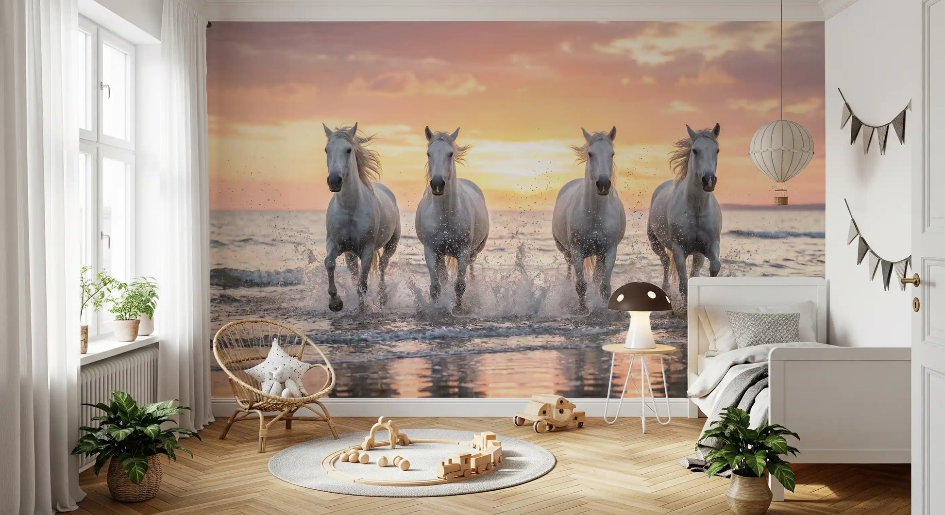 Kids bedroom wall mural capturing coastal horse movement and golden beach surf glow