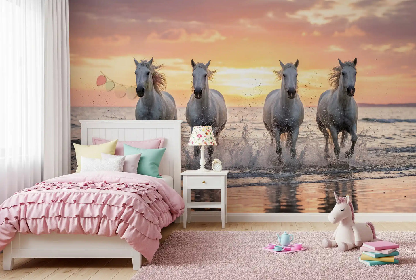 Bedroom wall mural featuring golden shore horses and splashing sunset sea foam light