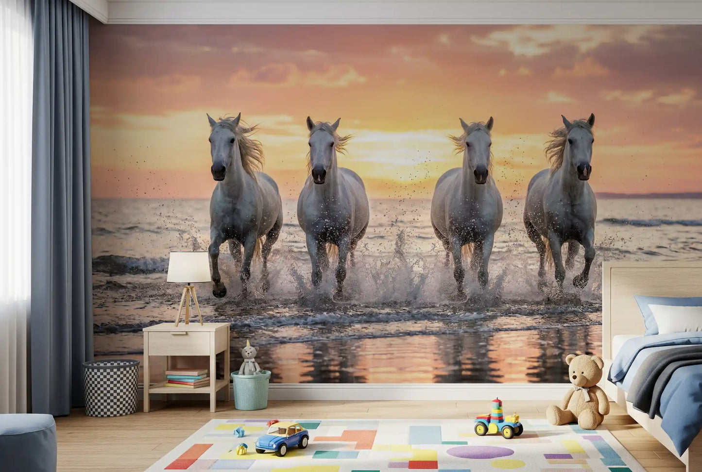 Nursery area wall mural with sunset horses racing through bright shoreline water spray