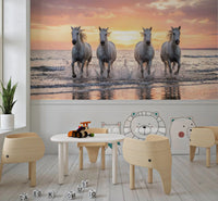 Nursery wall mural with sunset horse shoreline and reflective coastal water motion
