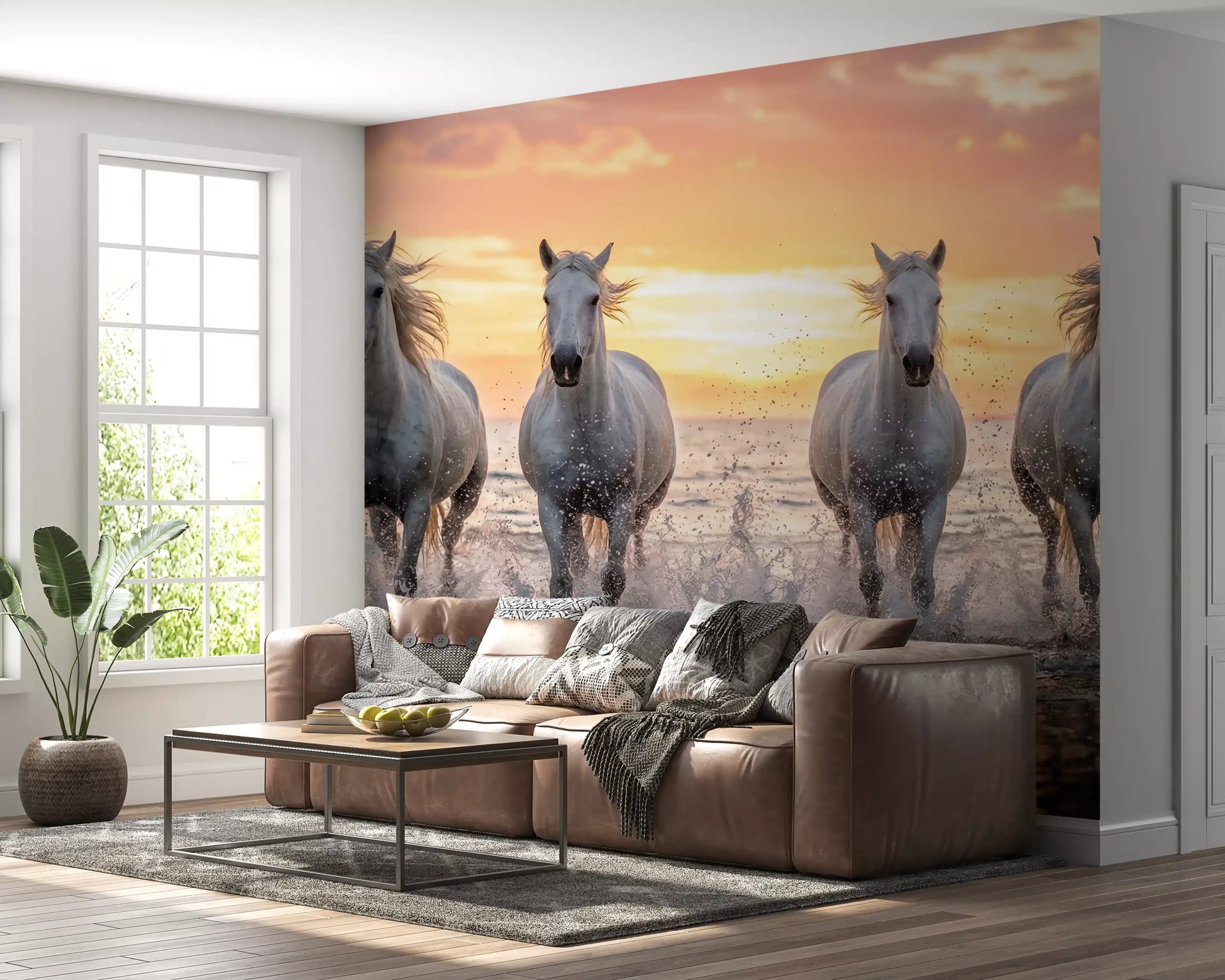 Living room wall mural with wild horses golden shore and glowing sunset surf waves