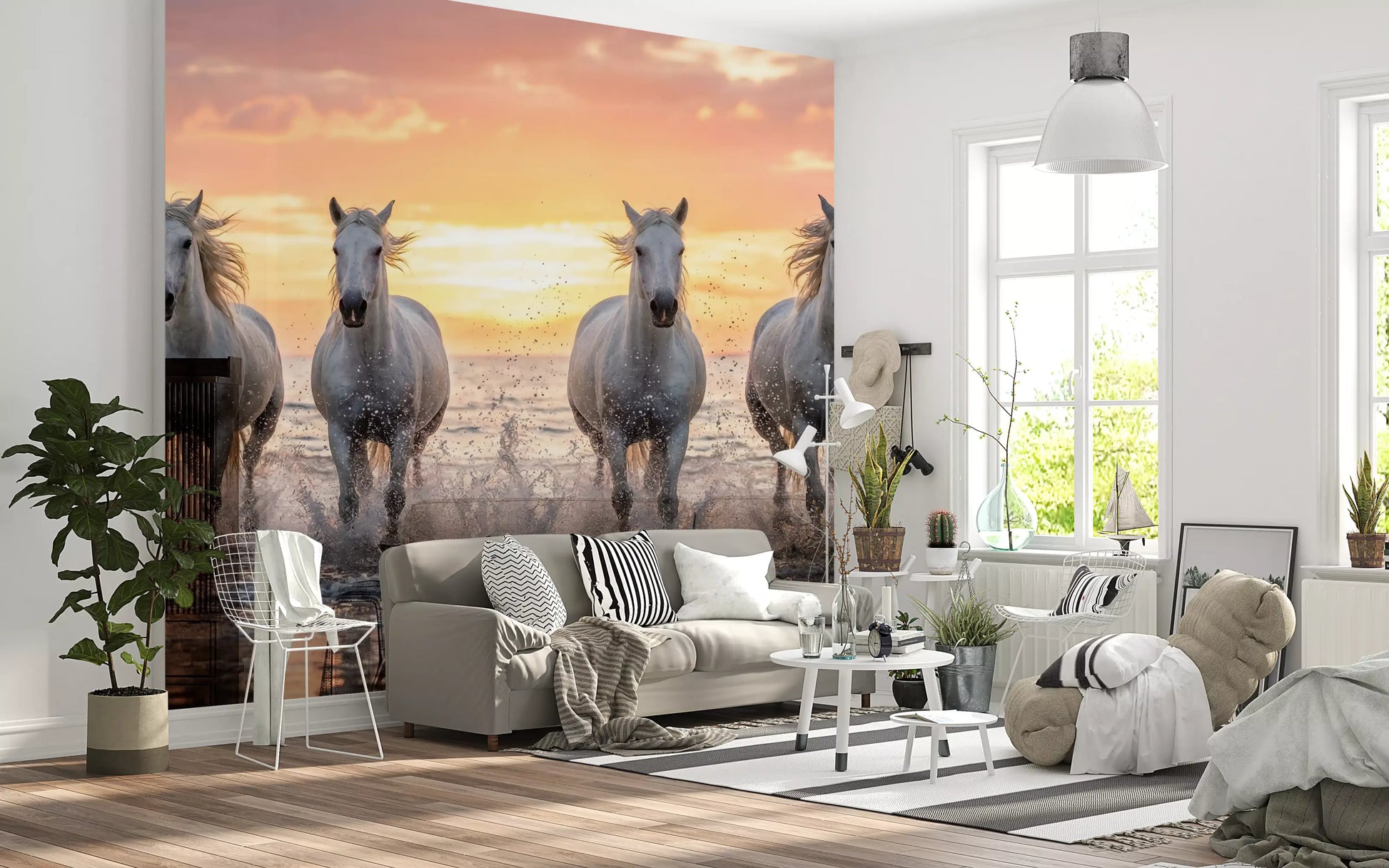 Hallway wall mural featuring golden shore horse run and sunset sea reflections