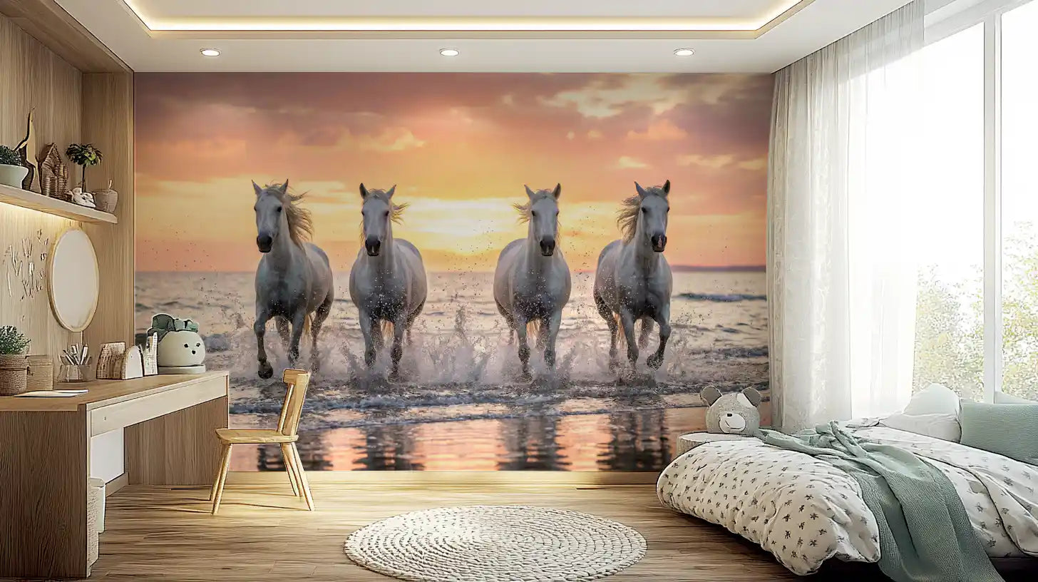 Study and bedroom wall mural with wild horses shore scene and warm reflected tide light