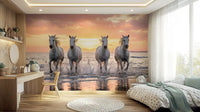 Study and bedroom wall mural with wild horses shore scene and warm reflected tide light