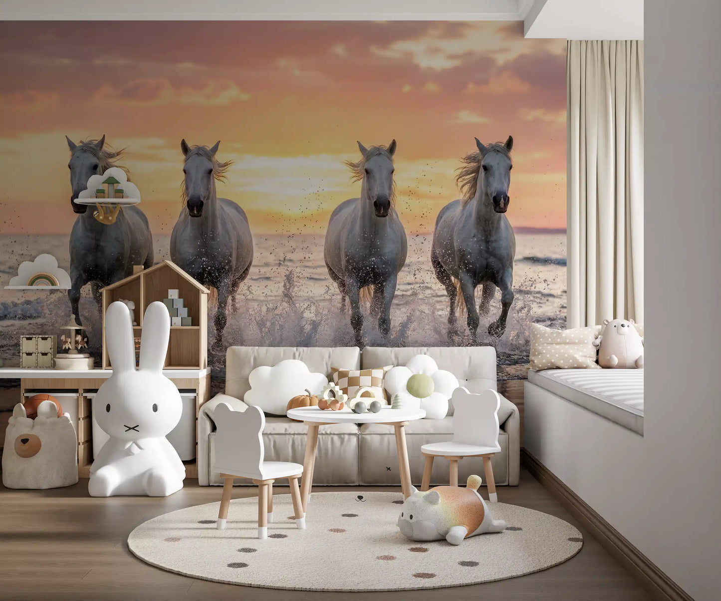 Playroom wall mural with wild shore horses and glowing sunset sea horizon line