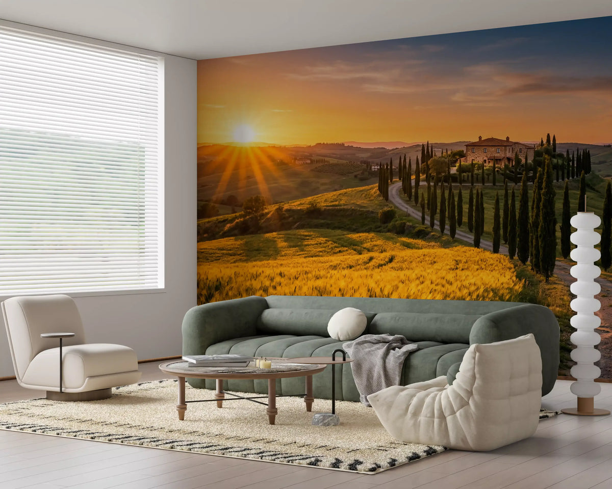 Living room wall mural with Tuscan golden hour fields and a winding cypress path