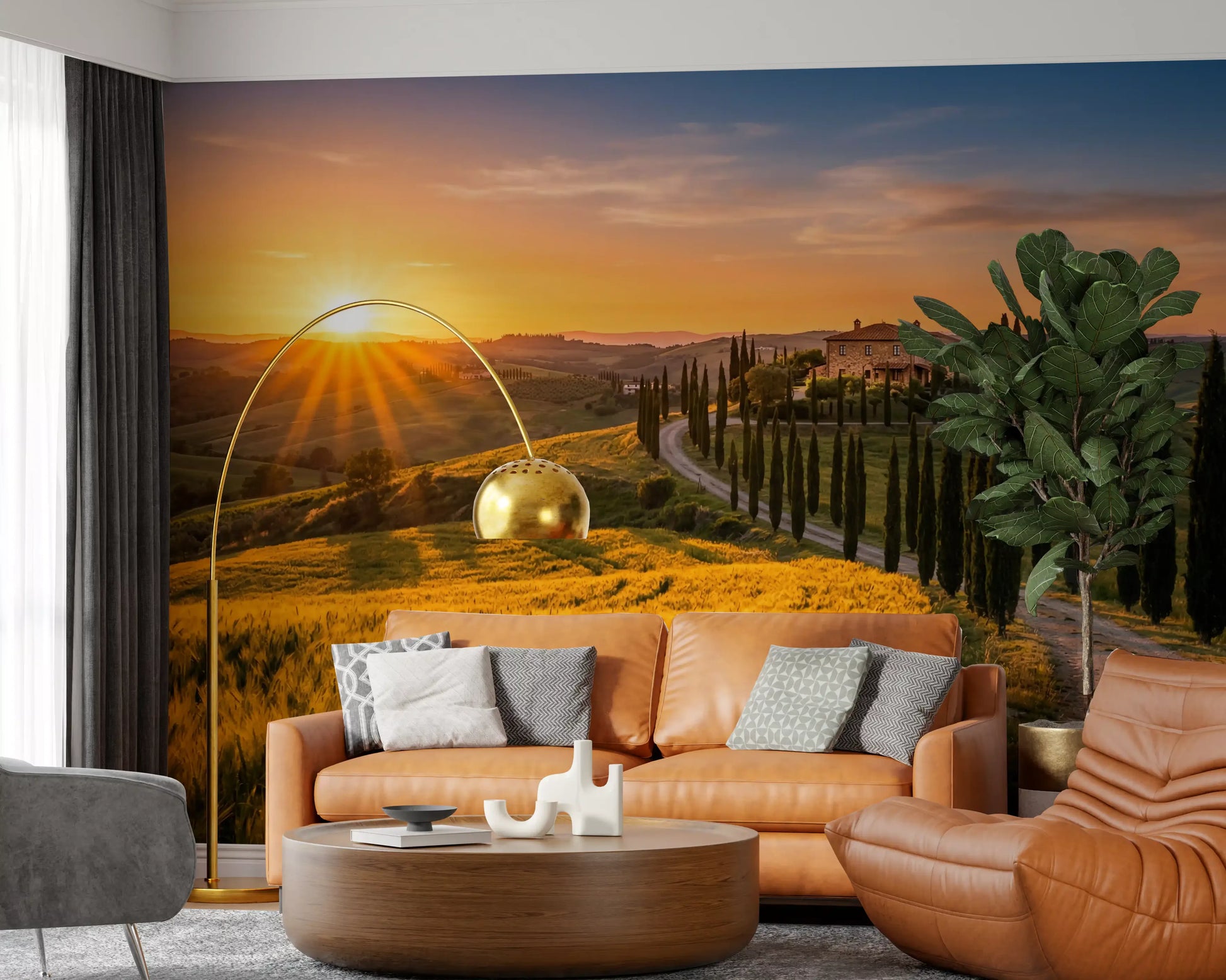 For the Home office, this wall mural pairs Tuscan wheat fields with cypress rhythm