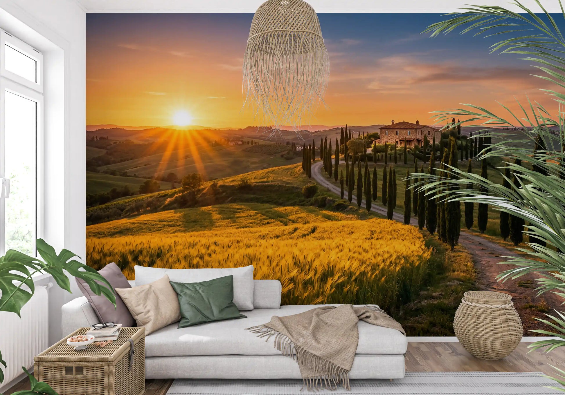 Hallway wall mural showing sunlit Tuscan fields beyond a curving cypress lane view