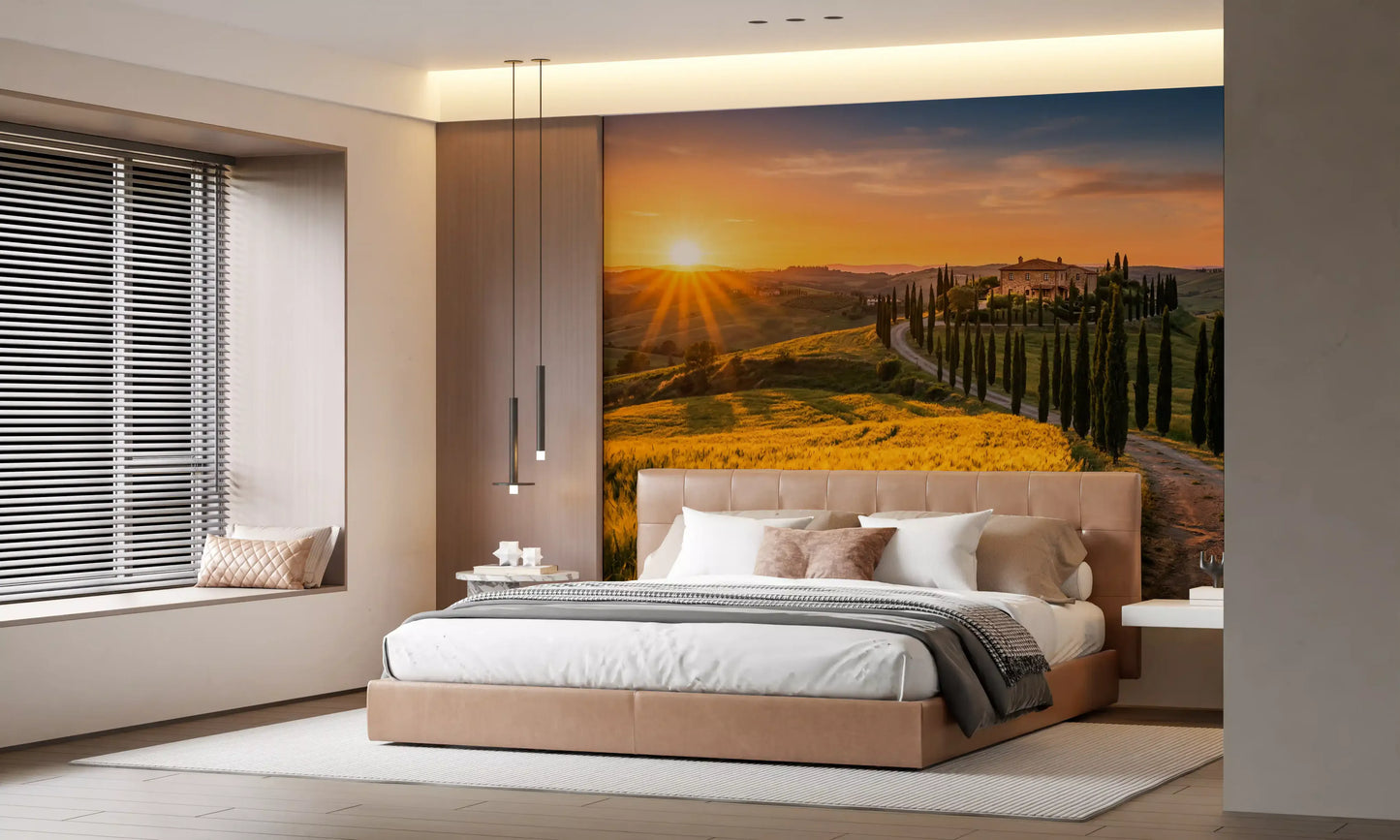 Bedroom wall mural centres on a Tuscan villa framed by golden cypress rows at dusk