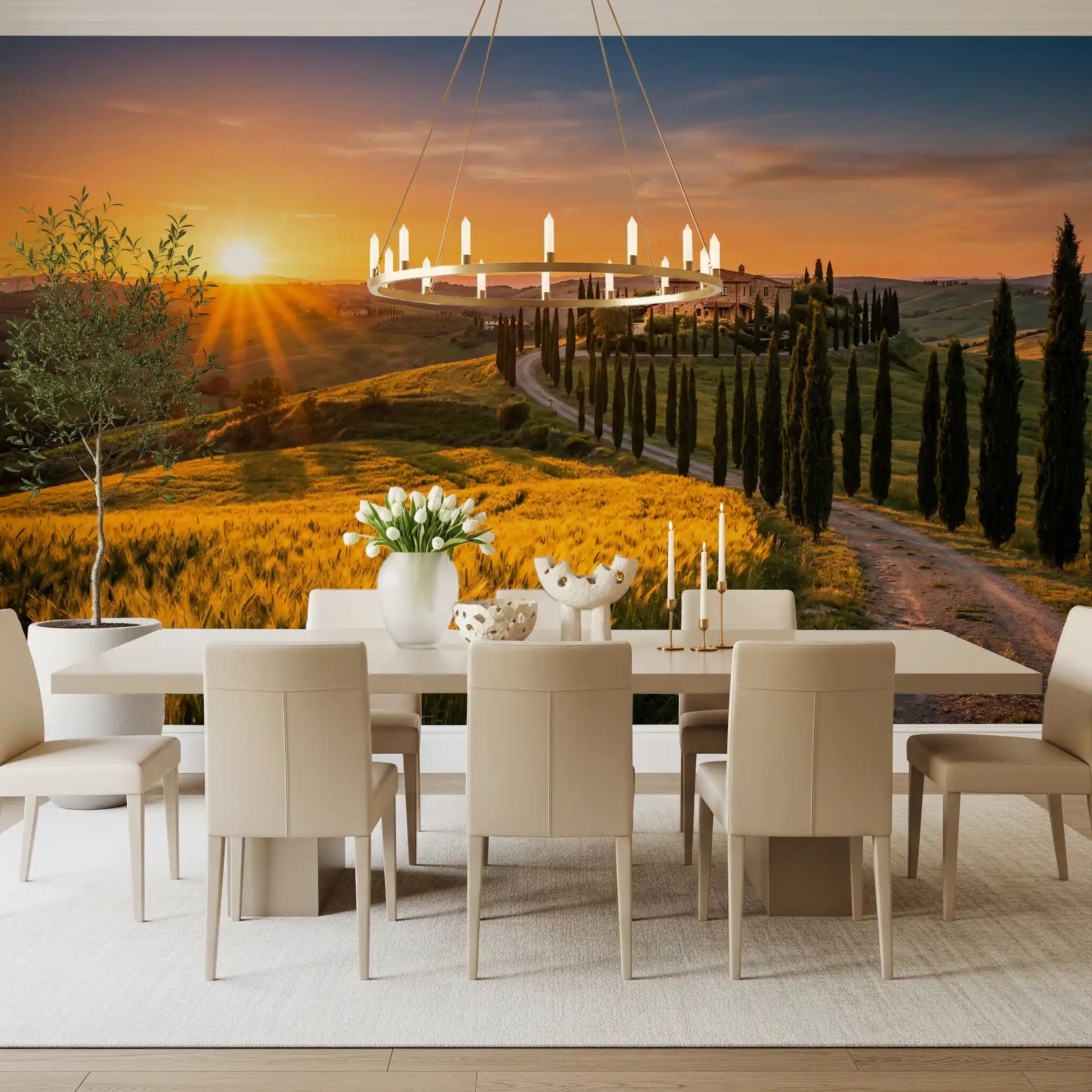 Dining room wall mural sets a Tuscan golden hour mood with winding cypress road view
