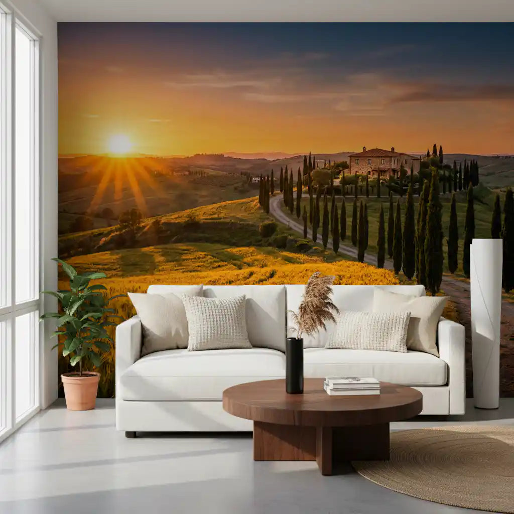 Lounge area wall mural highlights Tuscan golden fields beside a cypress avenue view