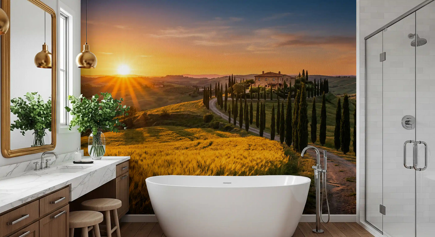 Bathroom wall mural featuring cypress path scenery and warm Tuscan sunset fields
