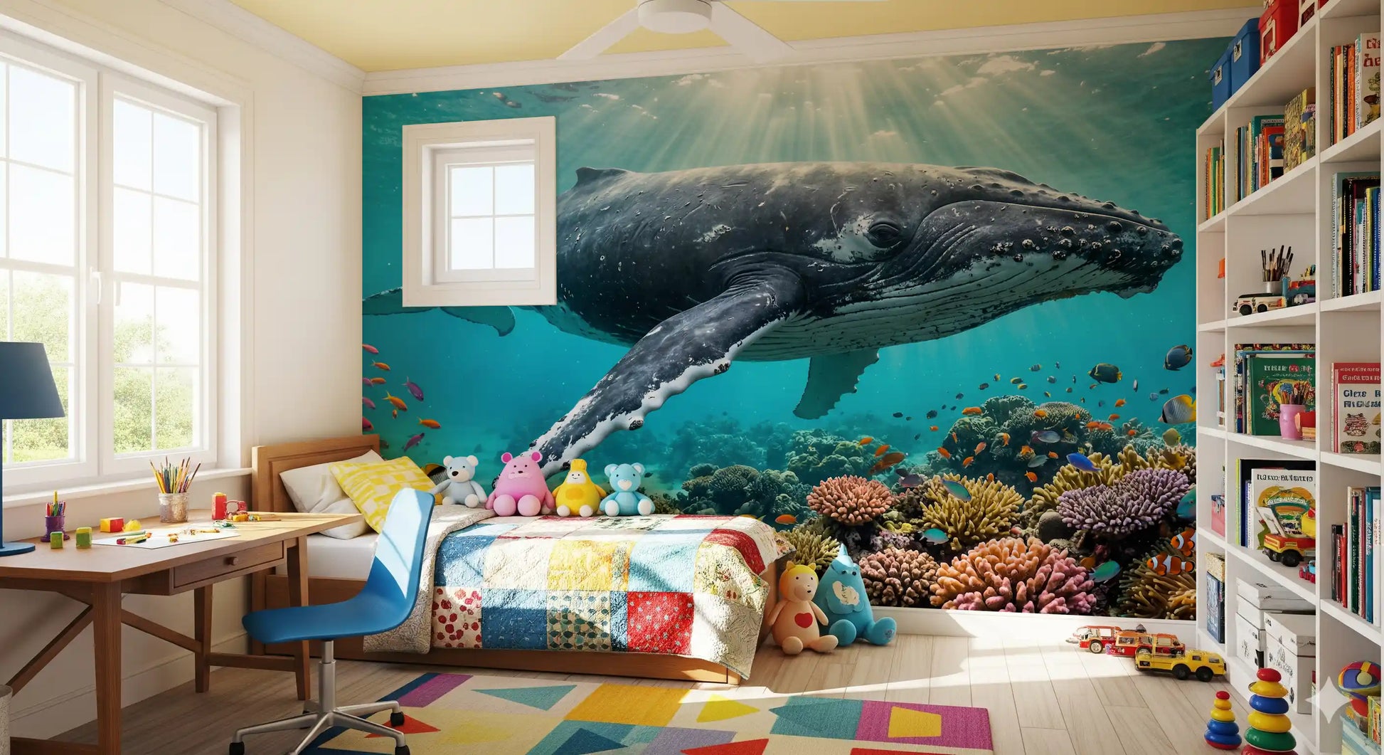 Baby Bedroom wall mural with underwater whale scene and bright reef color textures below