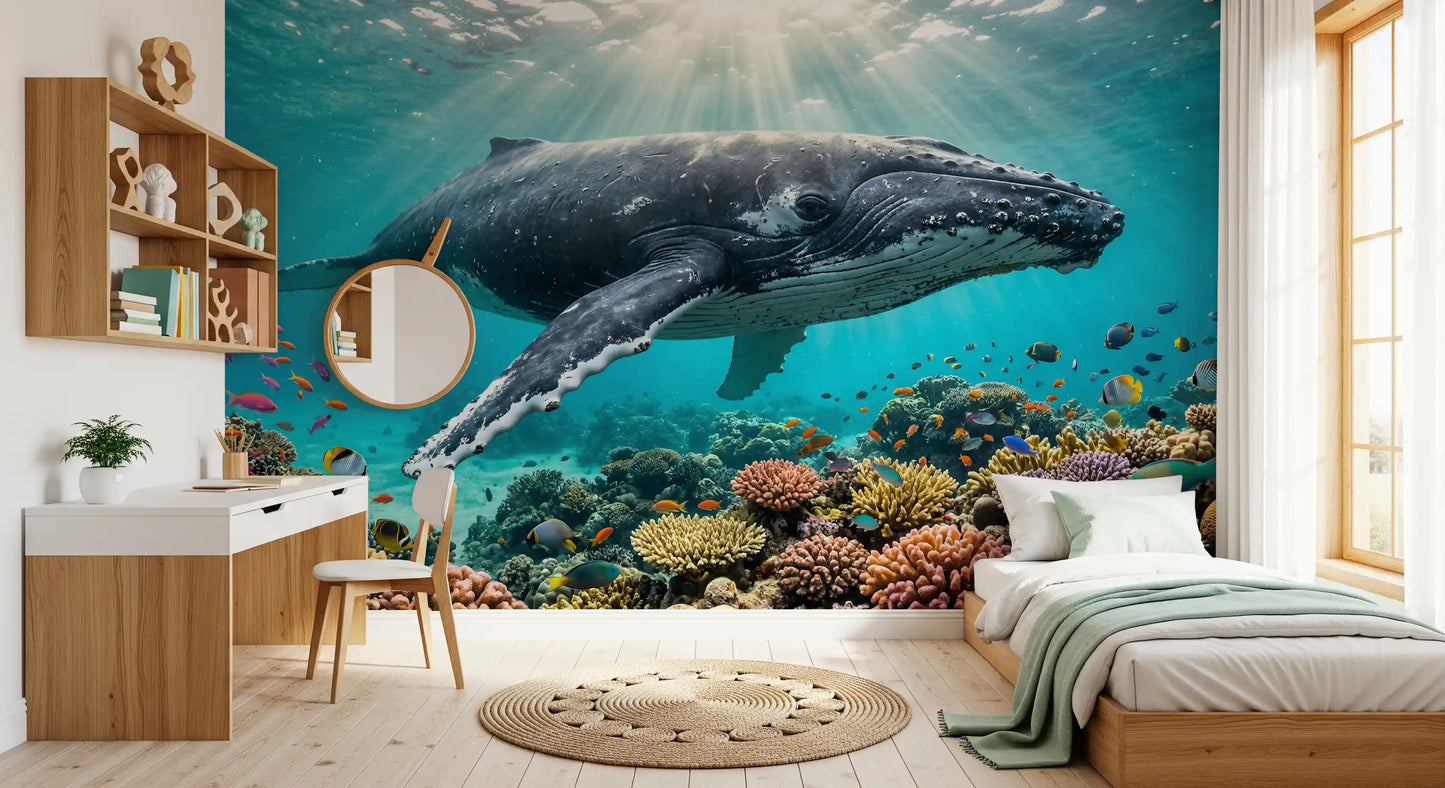 Study and Bedroom wall mural showing tropical coral paradise and graceful whale movement