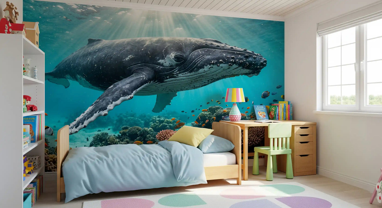 For the Kids Bedroom, coral paradise wall mural adds vivid marine life and whale detail