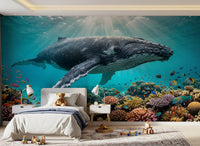 Across the Bedroom , a sunlit reef whale mural adds lively underwater color below