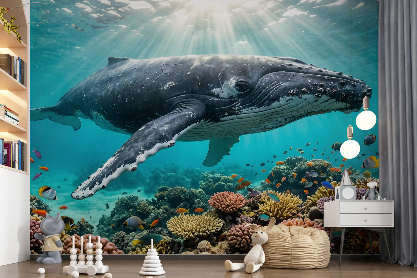 Nursery area wall mural featuring ocean paradise whale and coral garden scenery below