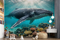Nursery area wall mural featuring ocean paradise whale and coral garden scenery below