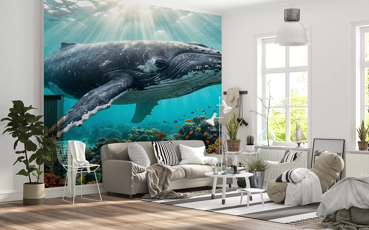 Living room wall mural with underwater reef life and majestic whale in clear water
