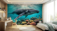 Bedroom wall mural featuring underwater tropical reef whale beneath radiant ocean sunbeams above