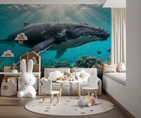 Playroom wall mural with vibrant underwater paradise and reef whale scene below