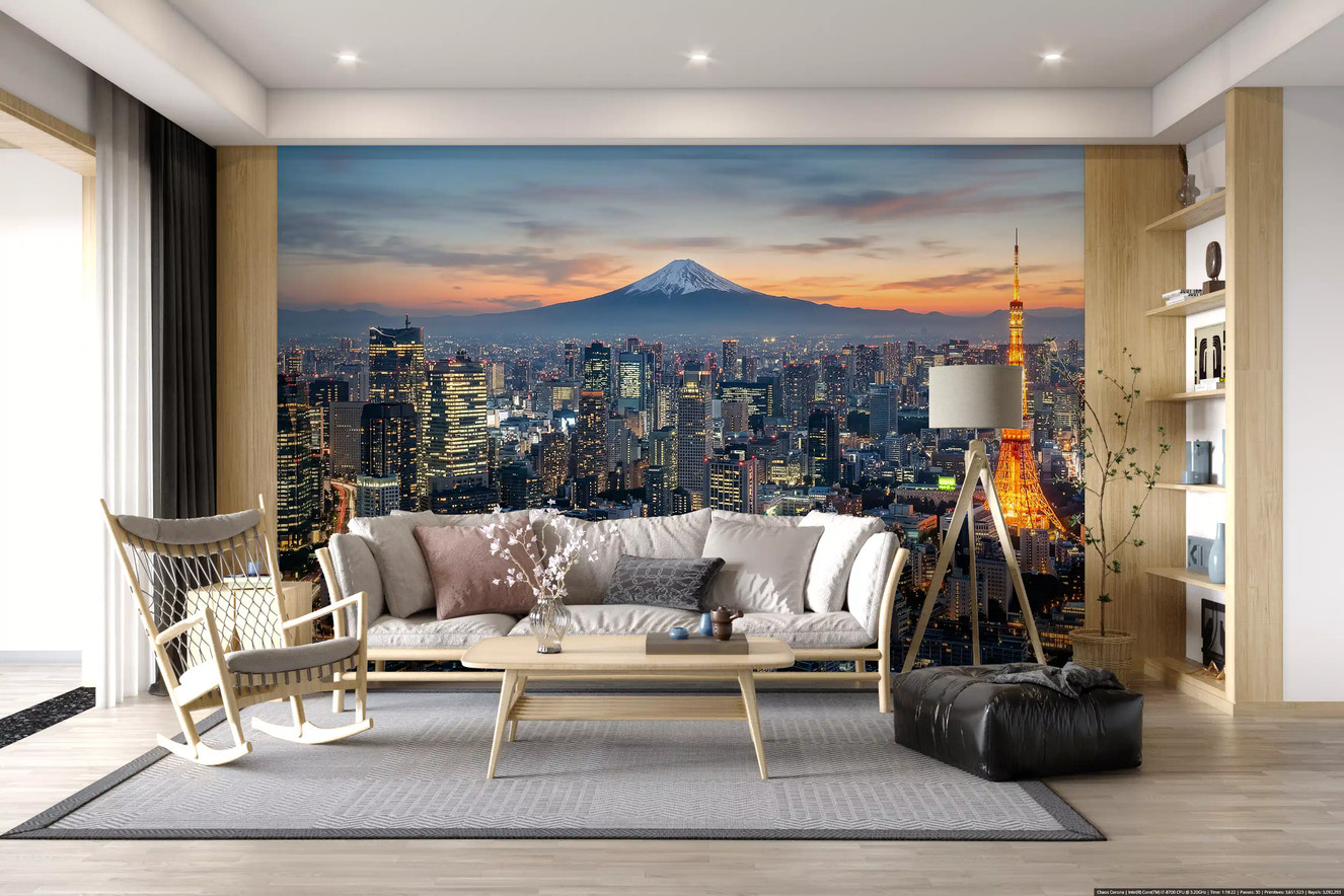 A calm Fuji horizon and Tokyo Tower light shape this Living room wall mural scene view