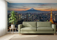 In the living room, Tokyo skyline wall mural frames Mount Fuji at sunset glow view