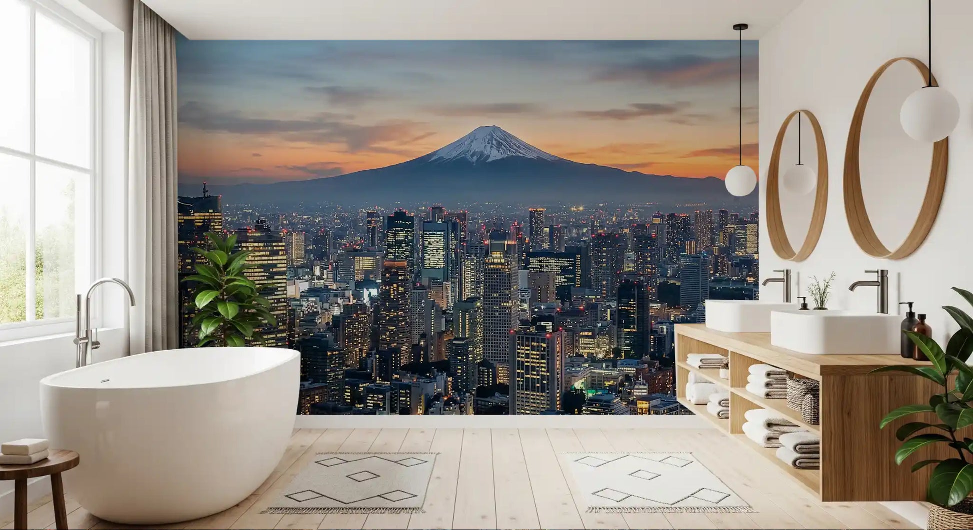 Seen in the Bathroom, Fuji dusk and Tokyo lights build layered mural depth view