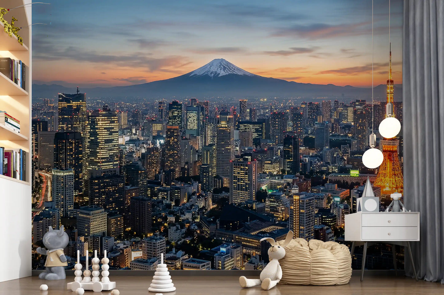 Warm skyline color gives this Kids room wall mural its Tokyo Tower brilliance view