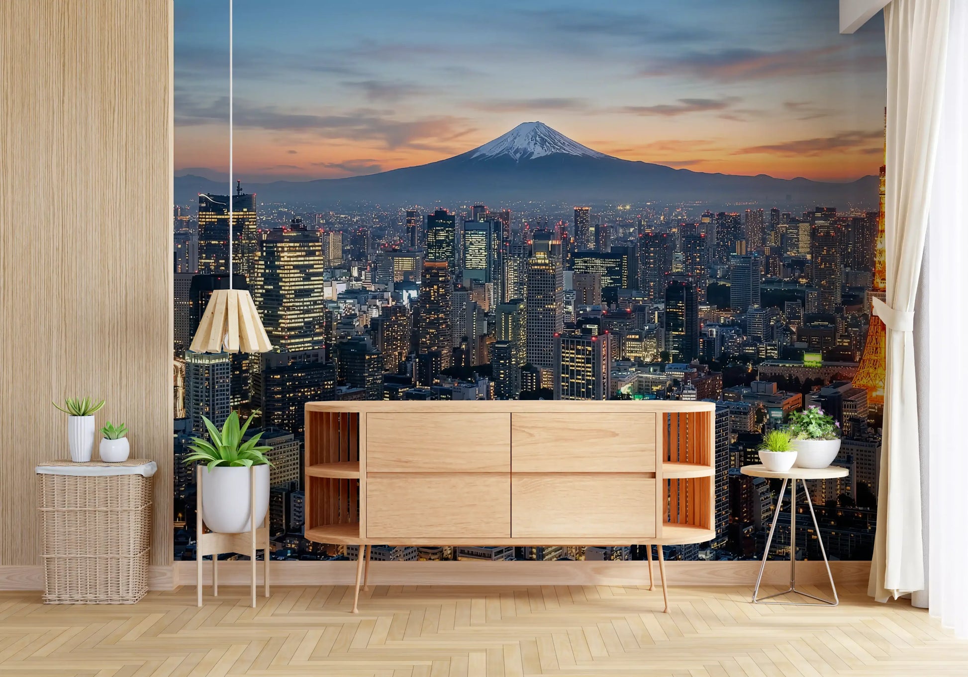 Tokyo city lights and a distant Fuji peak define this hallway wall mural beautifully