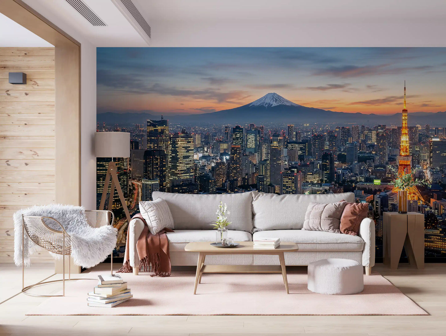 Across the home office, metropolitan sunset wall mural brings Tokyo and Fuji into focus