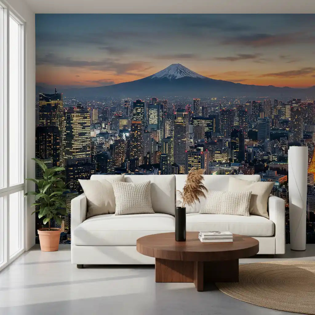 Entryway spaces stand out with this Tokyo Tower wall mural and sunset Fuji vista