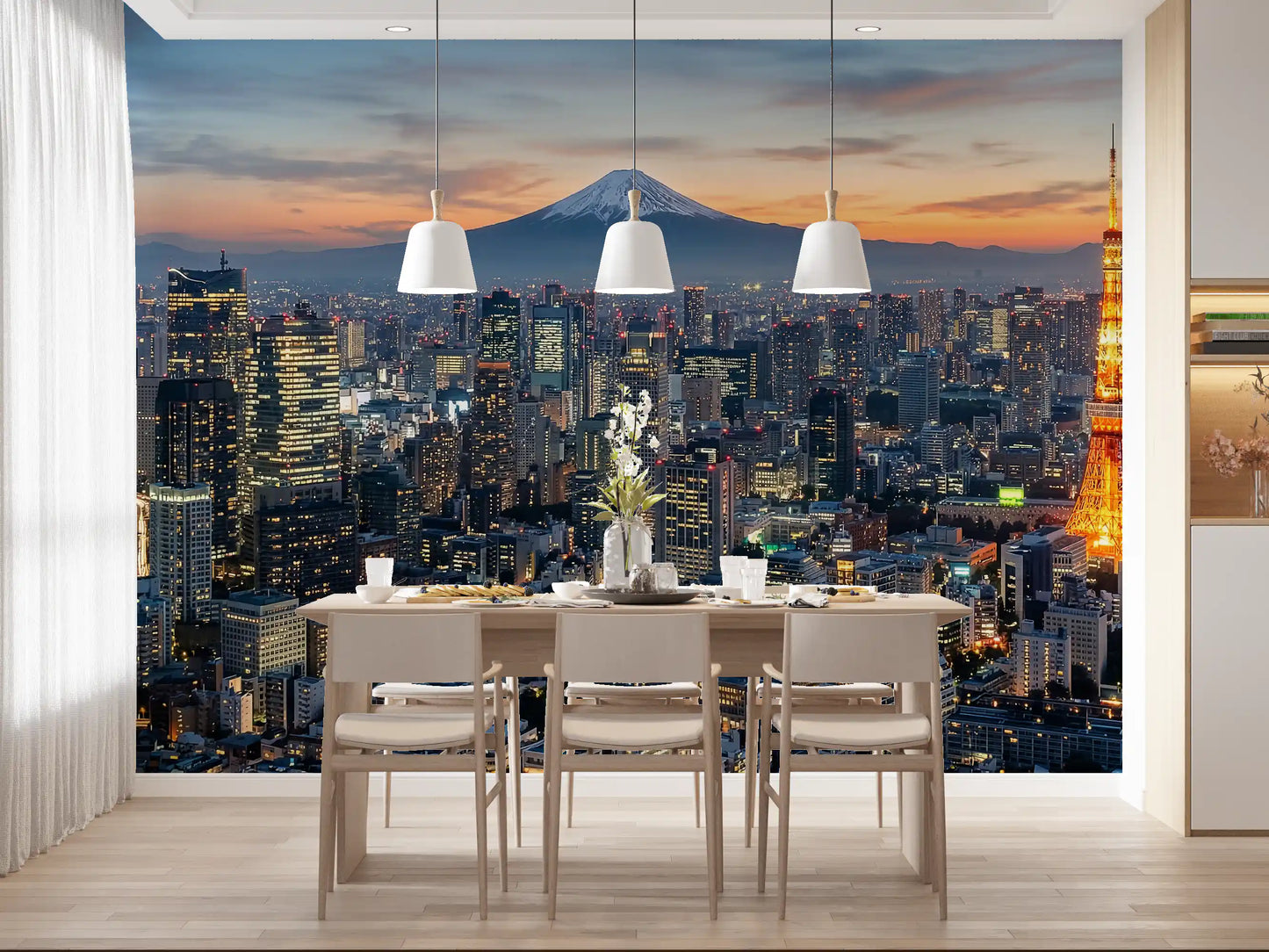 Dining room styling feels richer with Tokyo skyline glow and Mount Fuji backdrop view