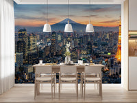 Dining room styling feels richer with Tokyo skyline glow and Mount Fuji backdrop view