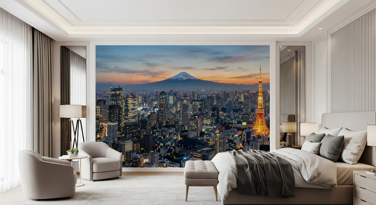 For the Bedroom, a Tokyo sunset wall mural pairs city energy with Fuji calm views