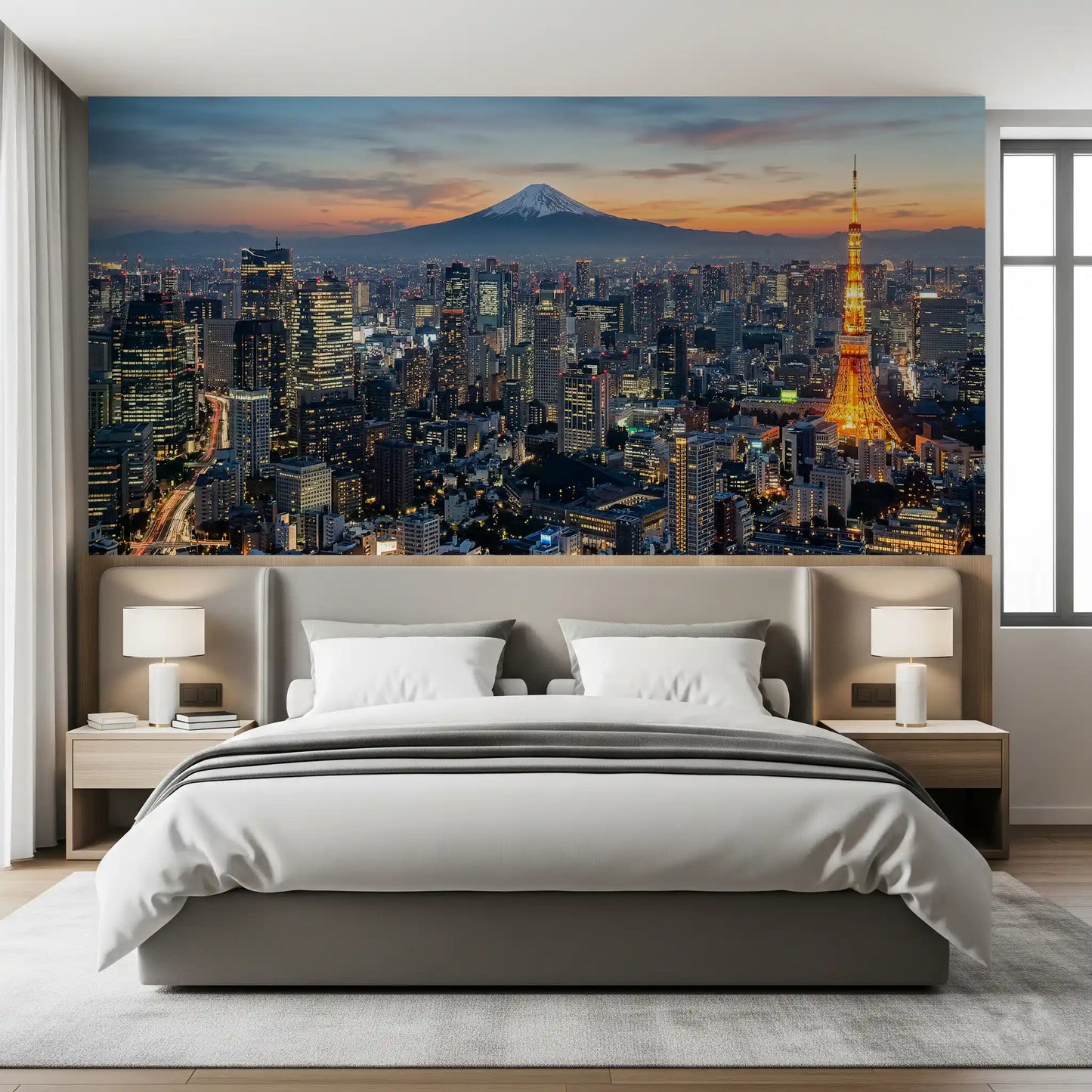 Bedroom area walls gain metropolitan grandeur through this illuminated Tokyo mural view