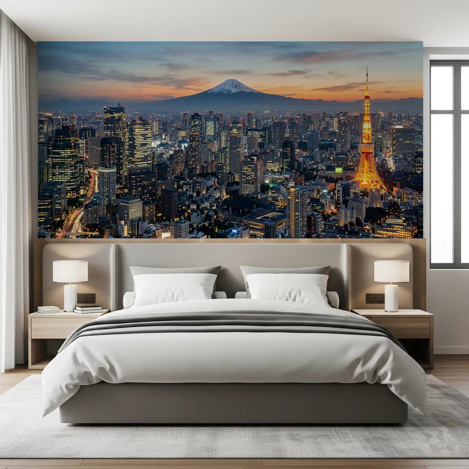 Bedroom area walls gain metropolitan grandeur through this illuminated Tokyo mural view