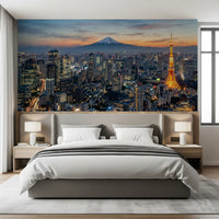Bedroom area walls gain metropolitan grandeur through this illuminated Tokyo mural view