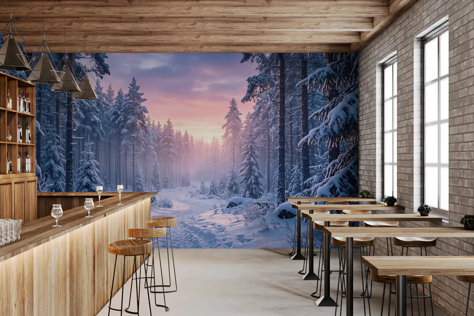 Pastel sky colour over a snow-covered forest trail defines this Restaurants wall mural