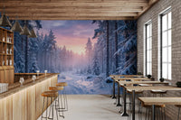 Pastel sky colour over a snow-covered forest trail defines this Restaurants wall mural