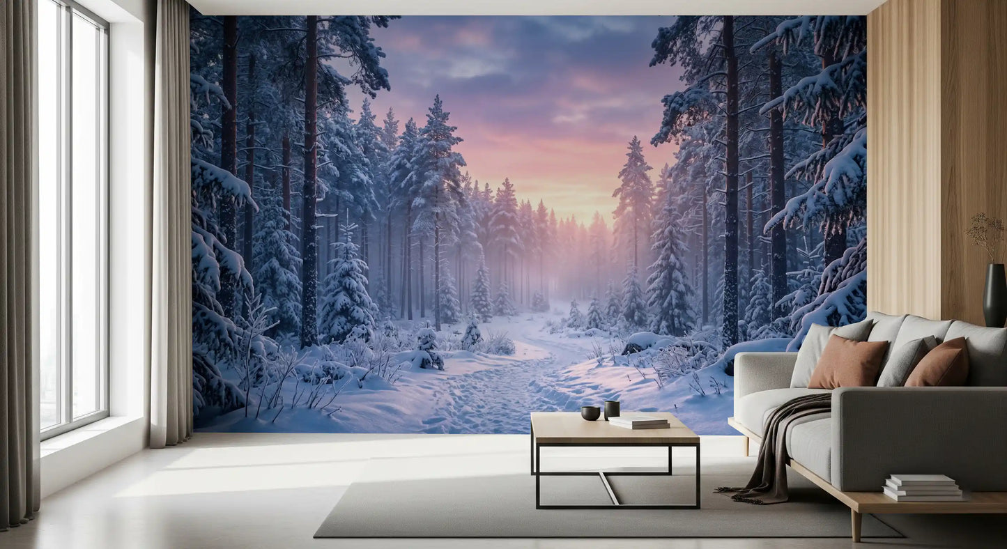 Living room wall mural showing a winter trail beneath soft pastel sky color above